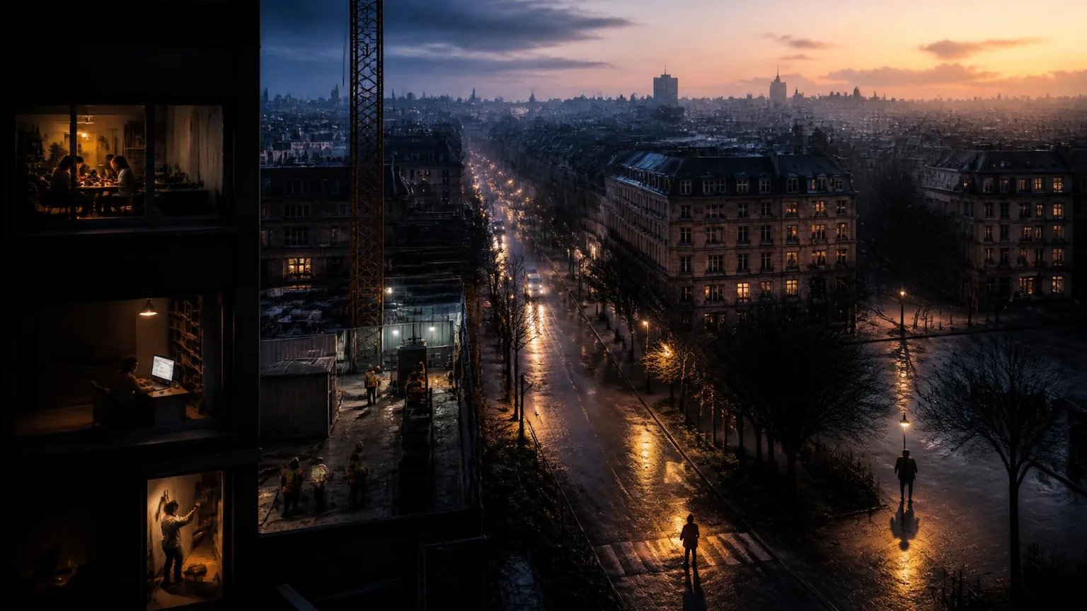Une ville contemporaine à l'aube où plusieurs scènes de vie, de travail, de création et de choix suggèrent différents futurs possibles.