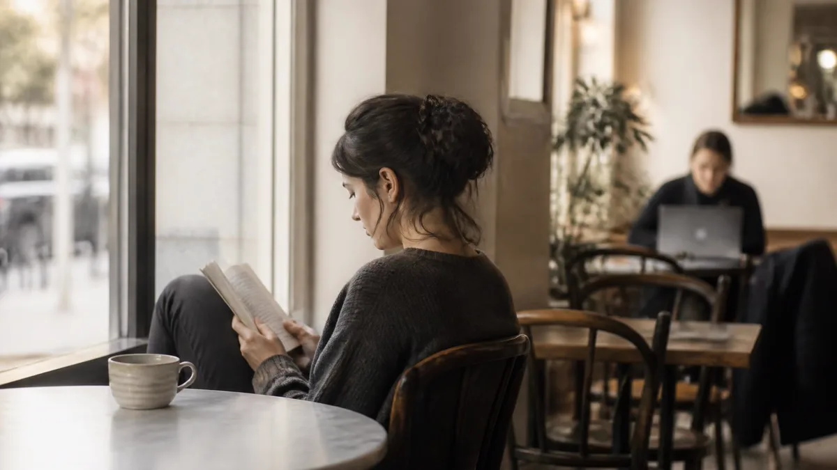 Un lundi matin dans un café de quartier : une personne lit un livre près de la vitre, tandis qu'au fond une autre travaille encore sur un ordinateur portable.